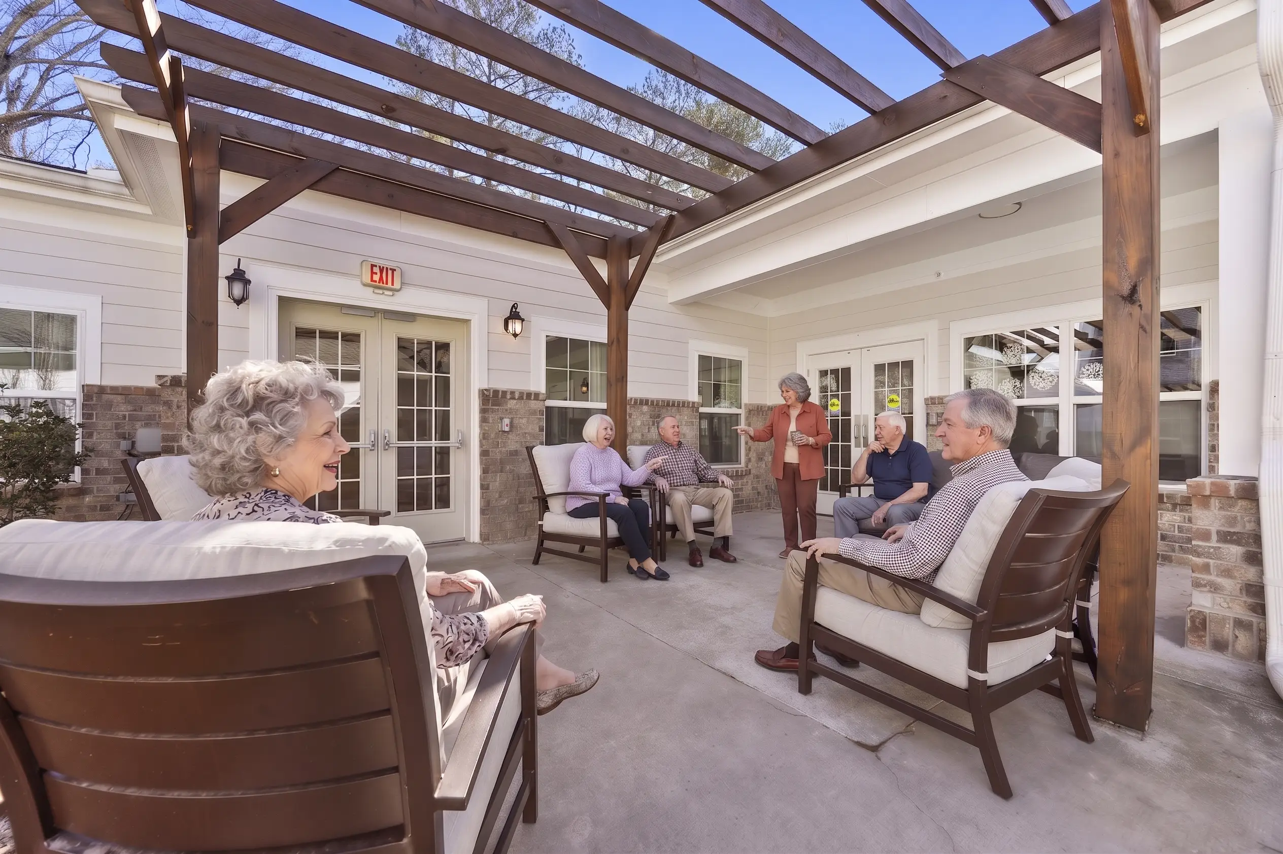 Covered outdoor courtyard seating area at Franklin Johns Creek