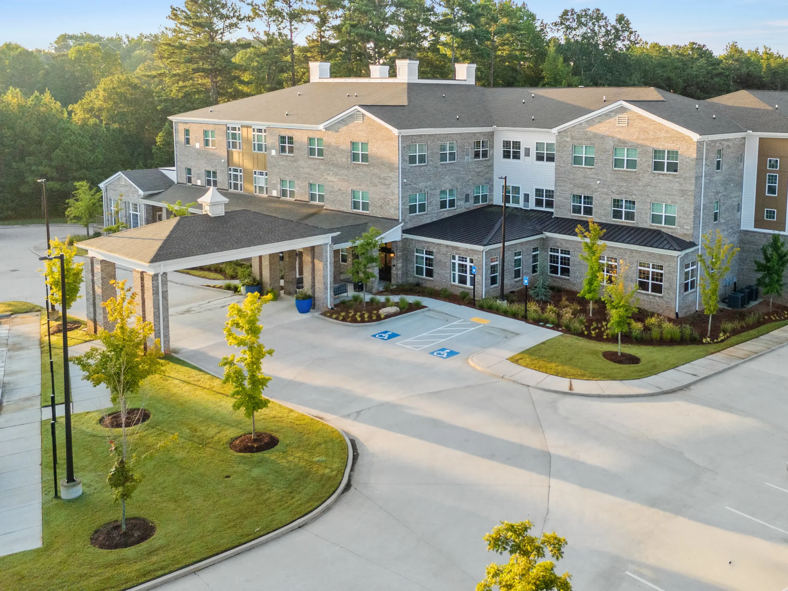 Exterior aerial view of Franklin Johns Creek senior living community