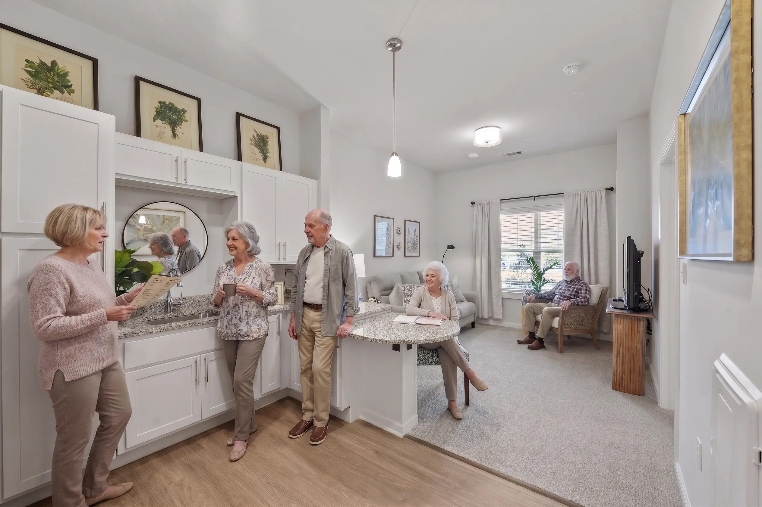 Bright senior apartment kitchen and dining area at Franklin Johns Creek