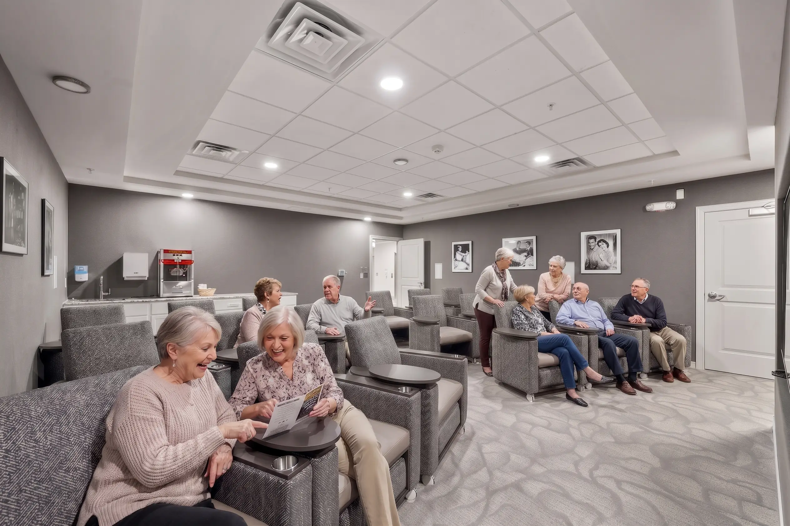 Residents gathering in community activity room at Franklin Johns Creek